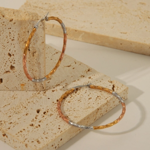 Tricolor Twisted Hoop Earrings 18K Gold Plated Stainless Steel Spiral Texture Geometric Vintage Jewelry For Women