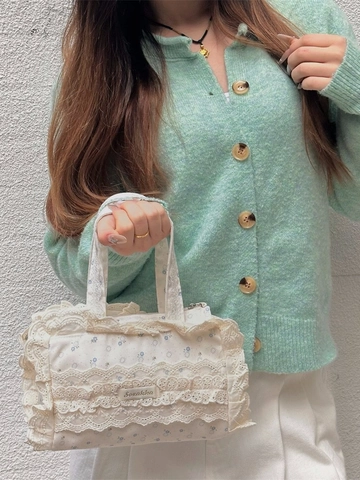 Bolso De Mano De Lona Floral Con Borde De Encaje Estilo Pastoral Japonés Dulce Bolso De Mano Retro Para Mujer Uso Diario
