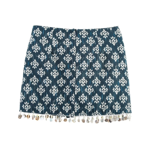 Boho Ethnic Printed Skort Asymmetric Wrap Shorts Skirt With Shell Tassels And Beads Sweet Floral Print For Women