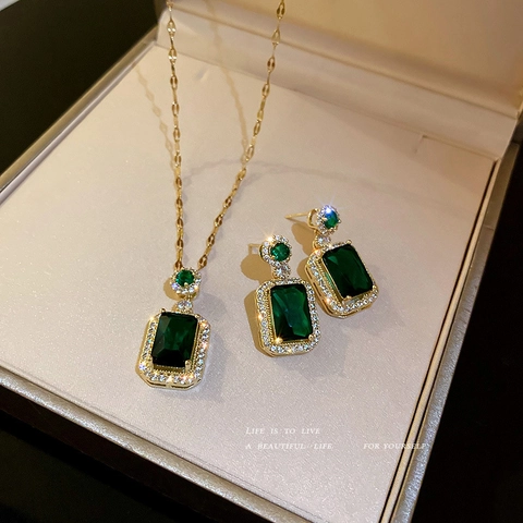 Collana Orecchini Anello Smeraldo Vintage Con Perno In Argento Lega Zircone Halo Rettangolare Gioielli Per Donna