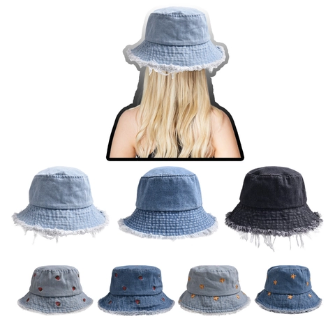Chapeau Bob En Denim Bord Frangé Broderie Fraise Fleur Rétro Décontracté Protection Solaire Extérieur Unisexe