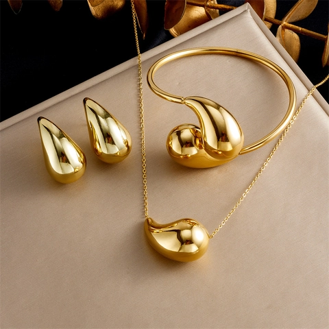 Gold Plated Stainless Steel Jewelry Featuring Necklace Earrings And Bracelet Elegant Hollow Water Drop Design Fashion For Women