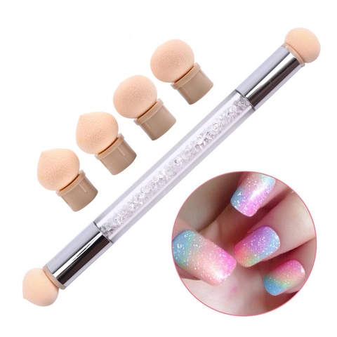 Nail Art Gradient Sponge Brush With Rhinestone Acrylic Handle For Ombre Smudging Manicure Dual Headed Tool
