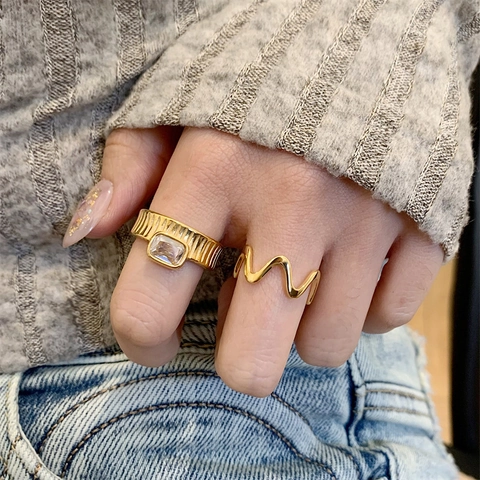Stainless Steel Rings For Women Gold Plated Wave Texture Geometric Rectangular Zircon Minimalist Index Finger Jewelry