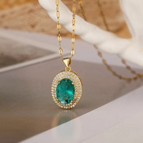 Oval Pendant Necklace Copper Gold Plated Zircon Gemstone Elegant Minimalist Luxury Jewelry Gift For Women