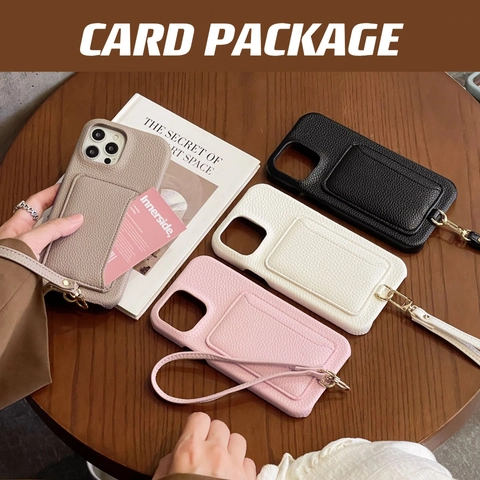 Litchi Grain PU Leather Phone Case Card Slot Holder Wrist Strap Protective Cover For iPhone