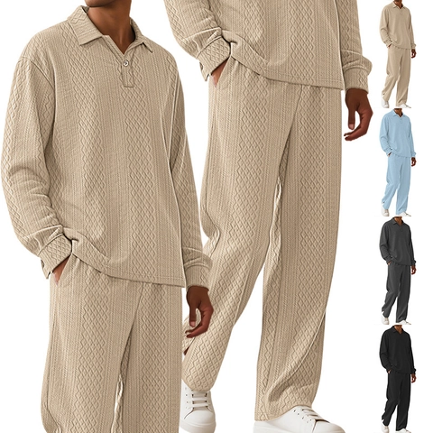 Men Long Sleeve Polo Top And Pants Casual Tracksuit Waffle Knit Textured Solid Color Loungewear