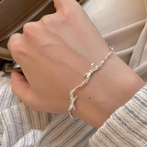 925 Sterling Silver Bracelet With Bow Charm Wavy Irregular Chain Korean Style Sweet Minimalist Jewelry For Women