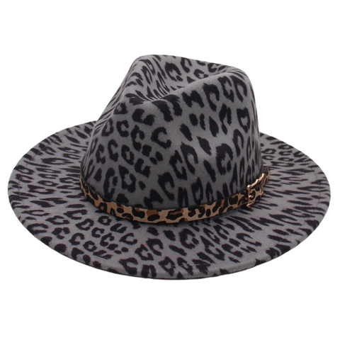 Leopard Print Fedora Hat Women Wide Brim Woolen Felt Retro Jazz Hat With Buckle Band British Style Fashion Accessory