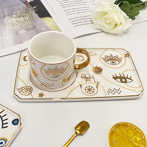 Evil Eye Keramik Kaffeetasse Und Untertasse Gold Detail Hamsa Hand Porzellan Teetasse Europäischer Luxusstil Home Decor