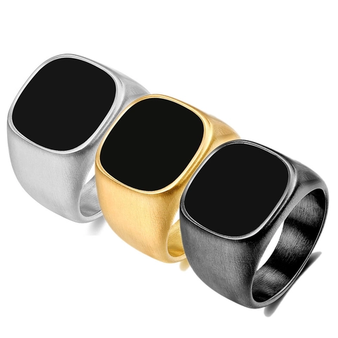 Signet Ring Men Stainless Steel Square Black Enamel Brushed Matte Minimalist Retro Punk Industrial Jewelry Accessory