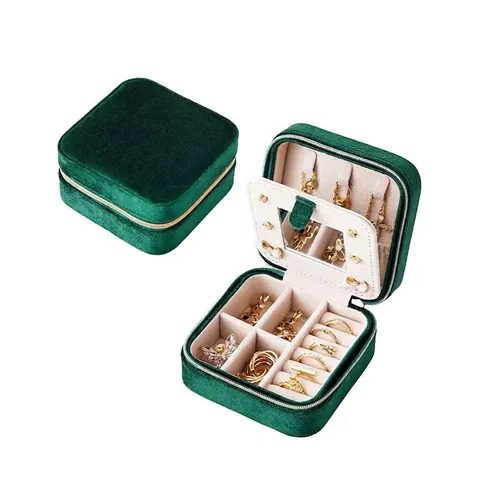 Portable Velvet Jewelry Box With Mirror Small Travel Case For Rings Earrings Necklaces Zipper Organizer