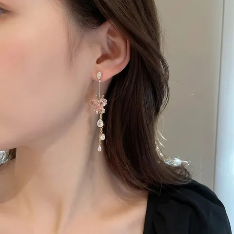 Eleganti Orecchini Lunghi Con Nappine Zircone Rosa Cuore Farfalla Rame Con Perno In Argento Sterling 925 Per Donne