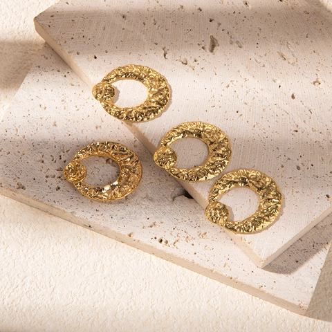Stainless Steel Geometric Stud Earrings Hammered Texture Hollow Out Gold Plated Chic Vintage Minimalist Party Jewelry For Women