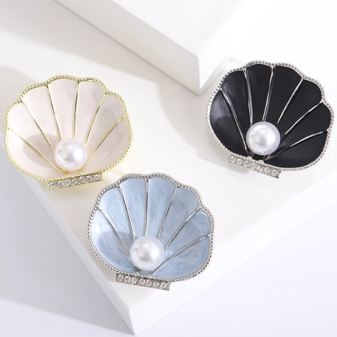 Broche De Concha Aleación Esmalte Joyería Perla Artificial Diamante De Imitación Pin Elegante Tema Océano Joya Mujer