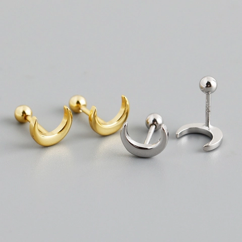 EH1322 Mini S925 Sterling Silver Crescent Moon Stud Earrings For Women Minimalist Gold Silver Plated Screw Back Cartilage Jewelry