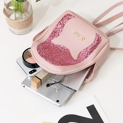 Mini Mochila De Moda Para Mujeres Niñas Lentejuelas Brillantes Cuero PU Diseño Orejas De Gato Agujero Auriculares Viaje