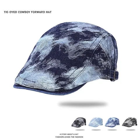 Retro Tie-Dye Denim Flat Cap Adjustable Vintage British Newsboy Hat Cotton Breathable Painter Cap For Women