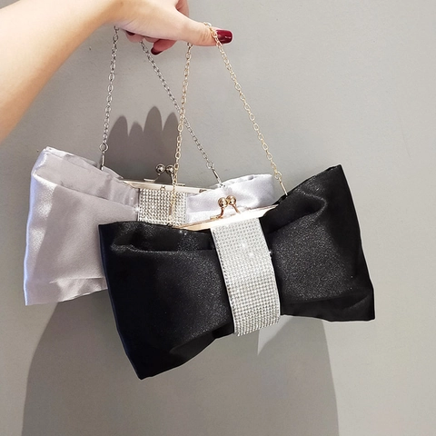 Damen Abendtasche Satin Clutch Schleife Form Strass Party Bankett Handtasche Mit Abnehmbarer Kette
