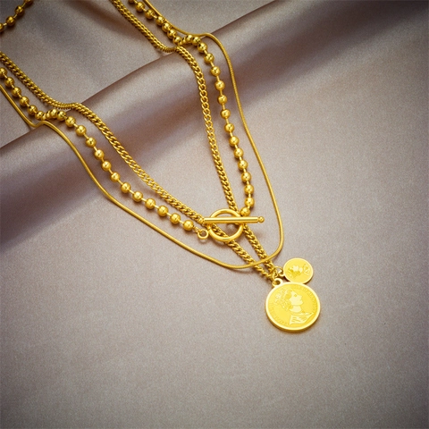 Vintage Collana Multistrato in Acciaio Inossidabile Placcato Oro Con Pendente a Moneta per Donna Elizabeth II Fibbia OT Gioielli