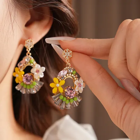 Orecchini Pendenti Fiore Vintage Lega Strass Zircone Cristallo Vetro Colorato Perno Argento Gioielli Donne