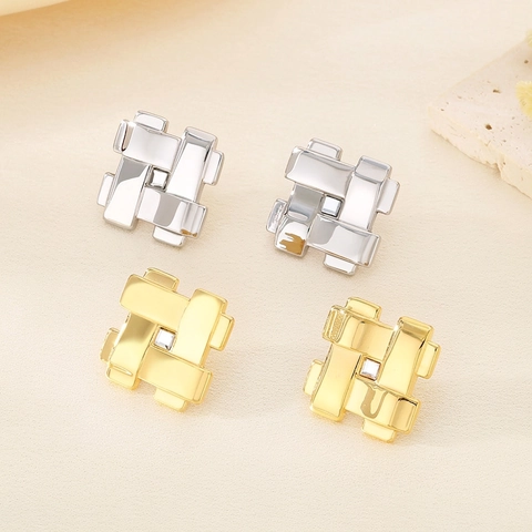 Geometric Woven Stud Earrings Stainless Steel With Square Zircon Vintage Elegant Statement Accessory For Women