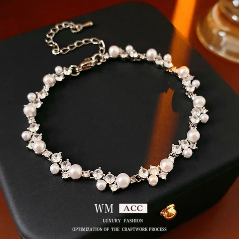 Pulsera De Perlas Artificiales De Imitación Y Zircón Irregular Vintage Francés Cobre Color Plata Joyería Ajustable Para Mujeres