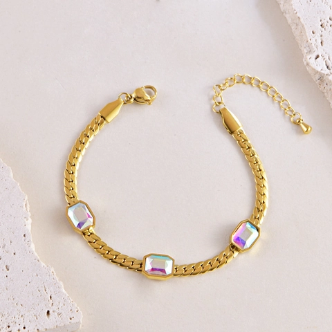 Titanium Staal Iriserende Rechthoekige Steen Ketting Armband Set Voor Vrouwen Waterdicht High-End Slangenketting Sieradenset