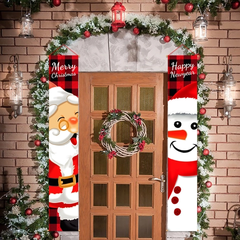 Christmas Porch Banners Buffalo Plaid Santa Claus Snowman Outdoor Door Hanging Decorations Holiday Xmas Home Decor