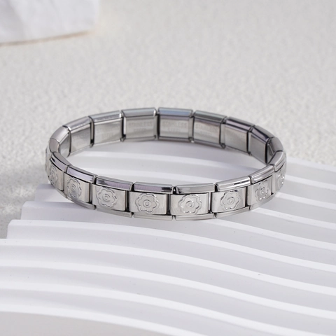 Bracelet Charm Italien Modulaire Acier Inoxydable 9mm Maillons Bijoux Fleurs Relief Bracelet Extensible DIY Femme Homme