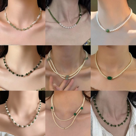 Vintage Imitation Artificial Pearl Natural Stone Pendant Necklace Gold Plated Alloy Choker Beaded Jewelry For Women Elegant