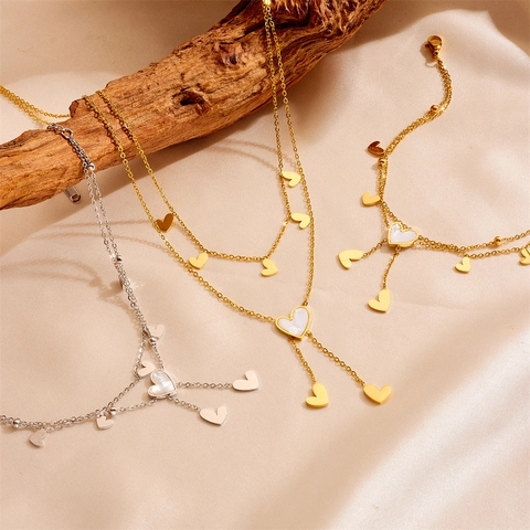 Tobillera con Colgante de Corazón Estrella Luna de Doble Capa de Acero Inoxidable para Mujer Tobillera Collar Plateado en Oro y Plata con Borla y Perla Artificial Joyería de Moda