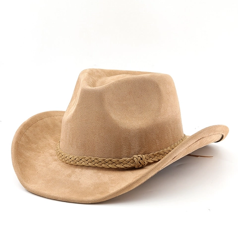 Cappello Da Cowboy Occidentale Finta Pelle Scamosciata Vintage Tesa Larga Jazz Fedora Con Fascia Intrecciata Protezione Solare