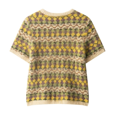 Retro Kurzarm Strickpullover Damen Rundhals Rautenmuster Weiche Textur Lässiges Geometrisches Oberteil