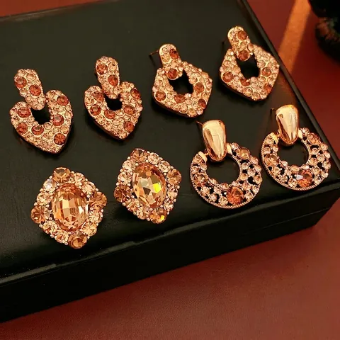 Orecchini Vintage Zircone Champagne Rame Placcato Oro Con Perno Argento Lusso Retrò Geometrico Cuore Donna