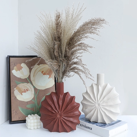 Ceramic Vase Nordic Minimalist Sunflower Feather Ribbed Texture Matte Flower Container Modern Home Office Decor Ornament