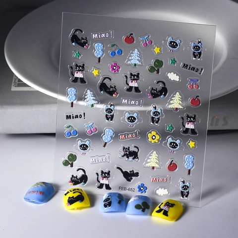 Autocollants Art Des Ongles Gaufrés 5D Motif Chat Noir Dessin Animé Cerise Étoile Fleur Imperméable Style Japonais Femmes