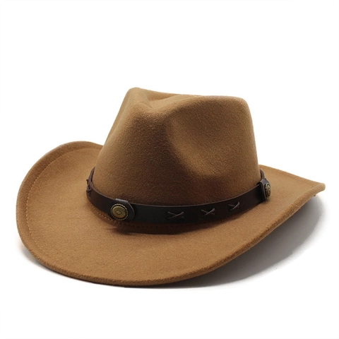 Western Cowboy Fedora Hut Wollfilz Breiter Rand Vintage Jazz Kappe Mit Kunstlederband Nieten Für Damen Herren