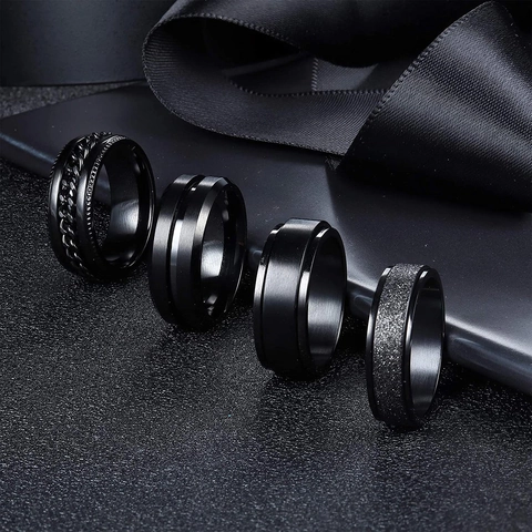 Set di Anelli Spinner in Acciaio Inossidabile per Uomo Nero Sollievo dallo Stress Anello Rotante Catena Opaca Lucida