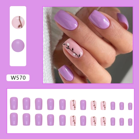 Paarse Taro Wijnstok Bloemenpatroon Plaknagels Vierkante Kop Zoete Romantische Stijl Kunstnagels Voor Dames