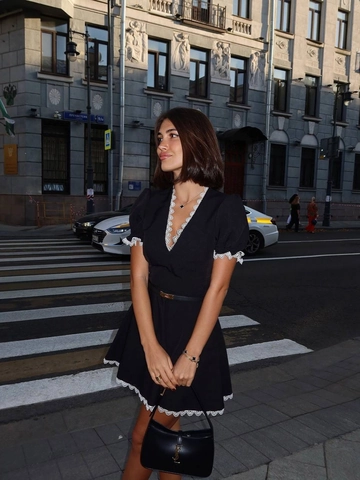 Women V Neck Short Puff Sleeve Mini Dress Knitted Cotton Blend White Lace Trim Contrast Hepburn Style Sexy Bodycon Elegant