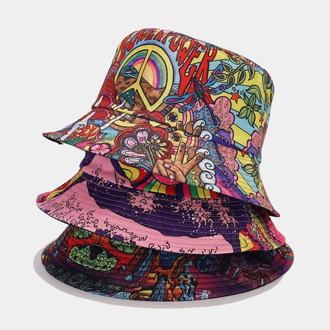 Omkeerbare Vissershoed Retro Graffiti Print Katoen Polyester Zonnehoed Voor Heren Dames Outdoor Hip Hop Stijl