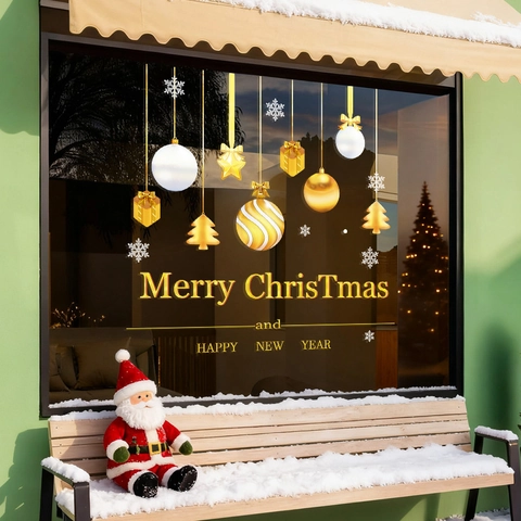 Christmas Window Stickers Gold White PVC Static Adsorption Reusable Double Sided Glass Door Decals Holiday Mall Decor