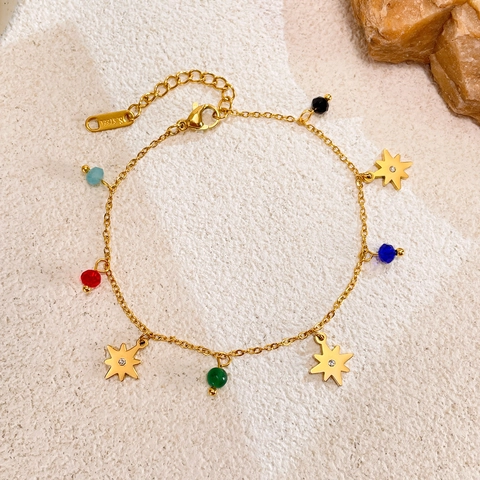 Fashion Stainless Steel Eight-pointed Star Charm Bracelet For Women Gold Plated Colorful Beads Zirconia Inlaid Adjustable Chain Jewelry