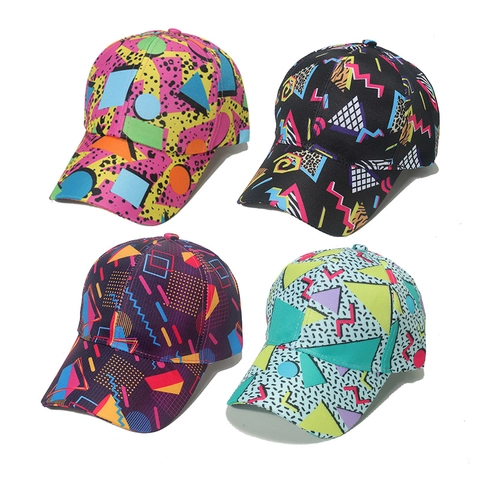 Retro Vintage Memphis Geometric Pattern Baseball Cap Polyester Curved Brim Adjustable Sun Hat For Disco Party