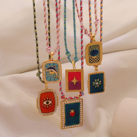 Vintage Tarot Card Pendant Necklace Stainless Steel Enamel Rhinestone Colorful Woven Rope Chain Retro Fashion For Women