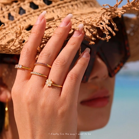 Stainless Steel Open Ring With Zircon Gold Plated Simple Row Stone Design Minimalist Elegant Jewelry For Women