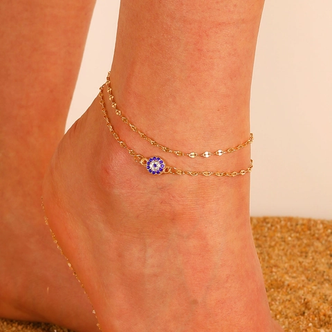 Cavigliera con Malocchio in Lega per Donna Placcata Oro Argento Doppio Strato Catena di Strass Blu Turco Gioielli Etnici