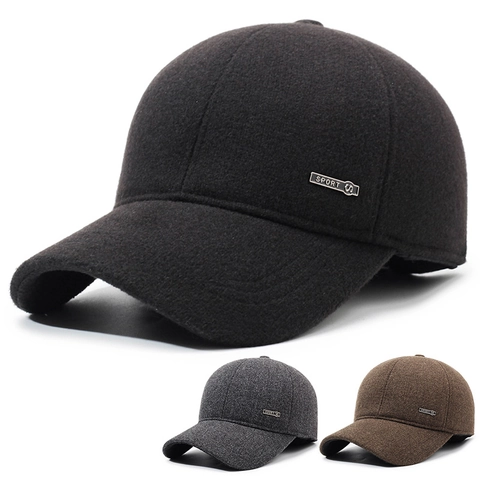 Men Winter Baseball Cap Wool Blend Fleece Lined With Ear Flaps Warm Windproof Outdoor Adjustable Metal Sport Tag