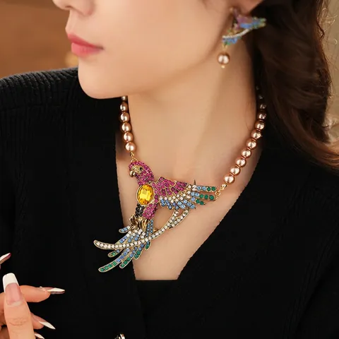 Collana E Orecchini Vintage Pappagallo Uccello Con Perno In Argento Strass Colorati Perla Artificial Sintetica Lega Donna